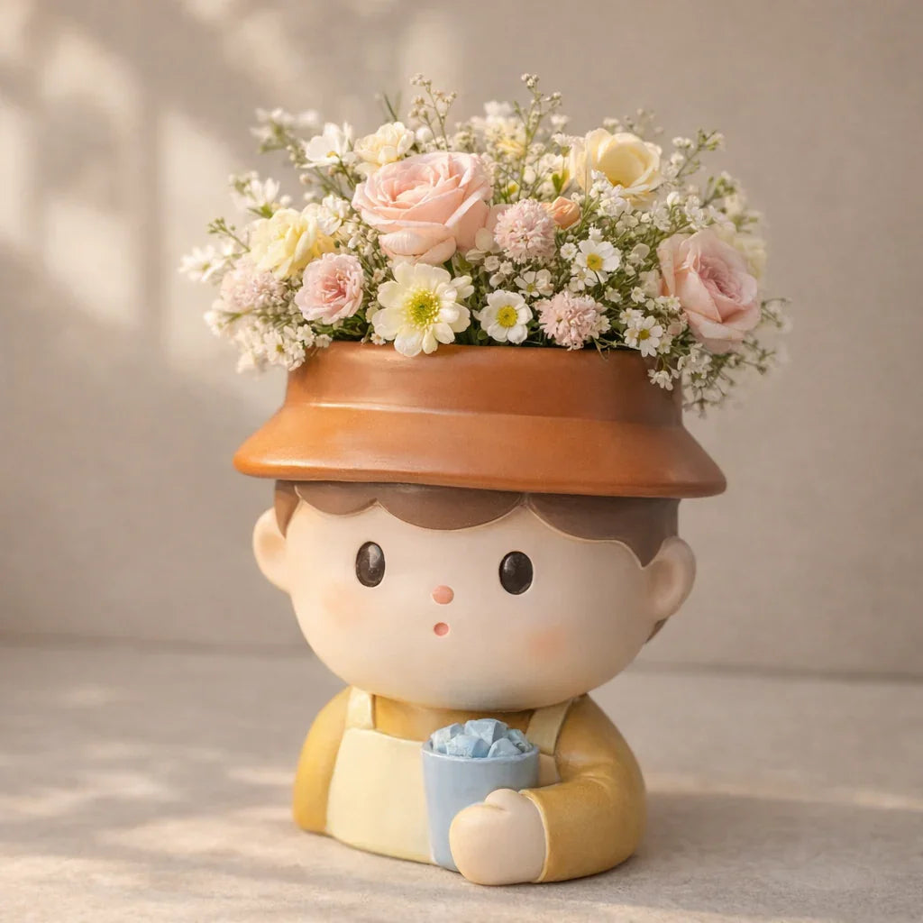Cute cartoon boy ceramic flower pot with pink and white roses and daisies, Germiant decor