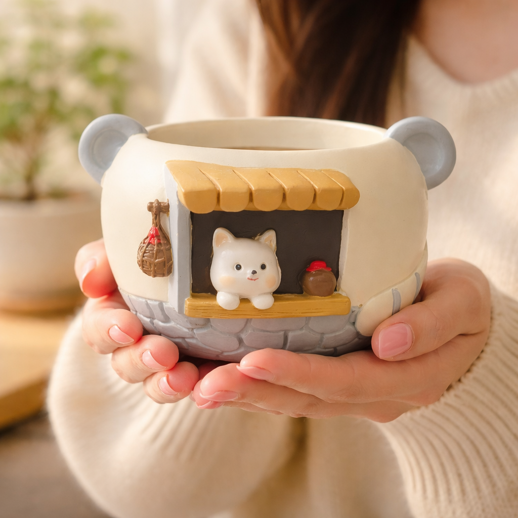 Hands holding Germiant ceramic mug with cute cat design and shop window details