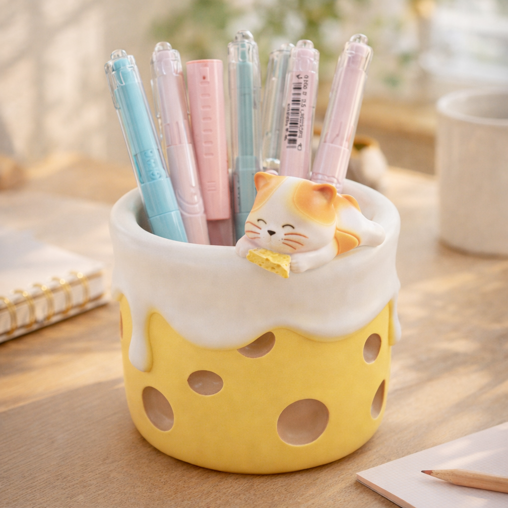 Yellow pen holder with a cat design holding colorful pens on a desk.