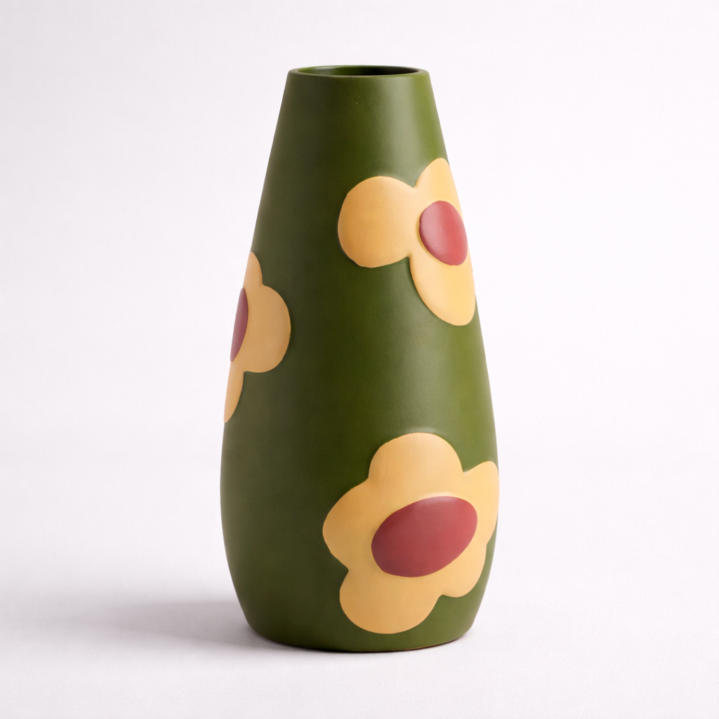 Green vase with yellow flower designs on a white background