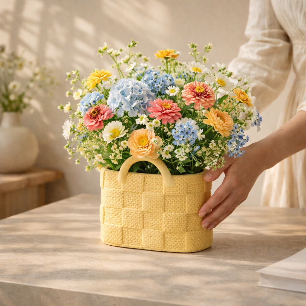 Hand holding a yellow woven basket with a colorful flower arrangement on a wooden table.