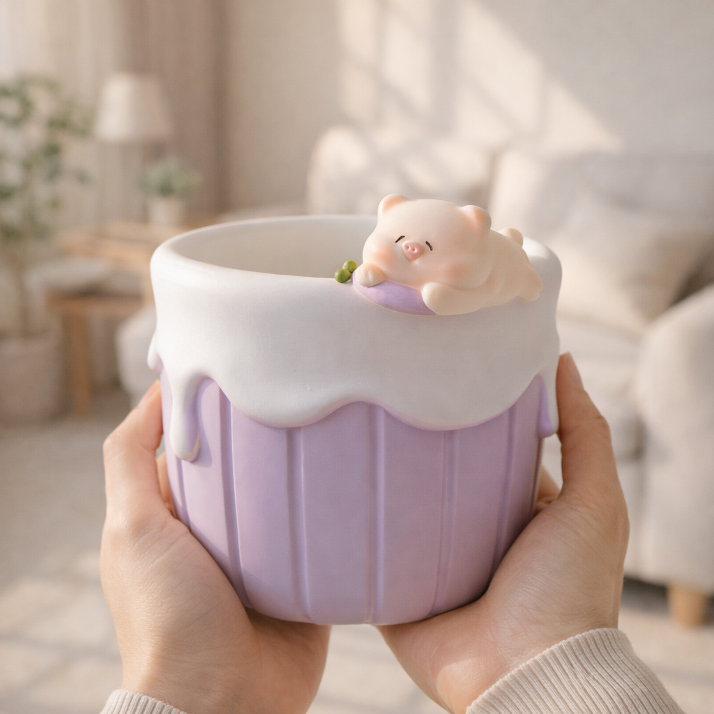 Person holding a pink cup with a bear design in a cozy indoor setting