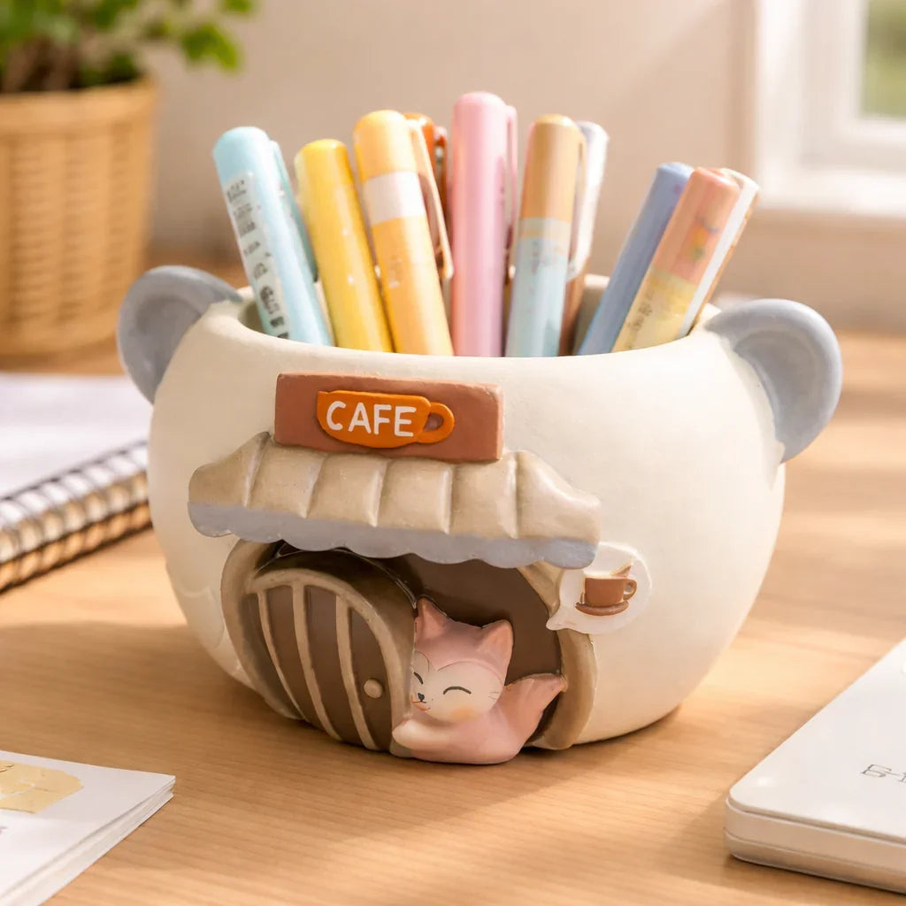 Cute ceramic pen holder shaped like a cafe with cartoon cat, pastel pens, on a desk