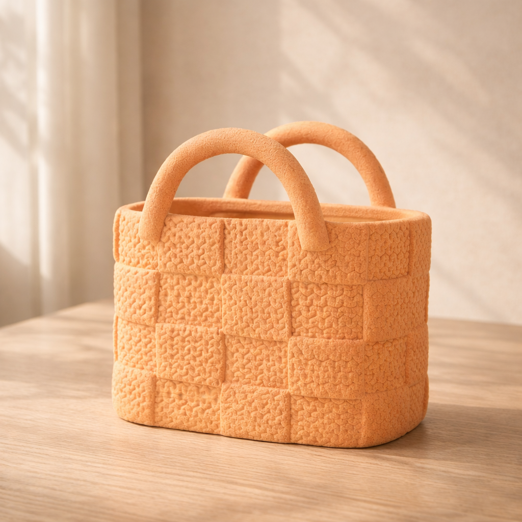 Orange woven basket with handles on a wooden surface