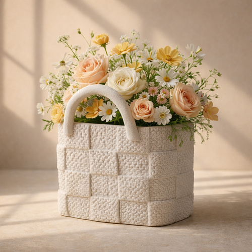 Floral arrangement in a textured white basket on a neutral background