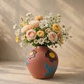Ceramic vase with floral design holding a bouquet of flowers on a neutral background