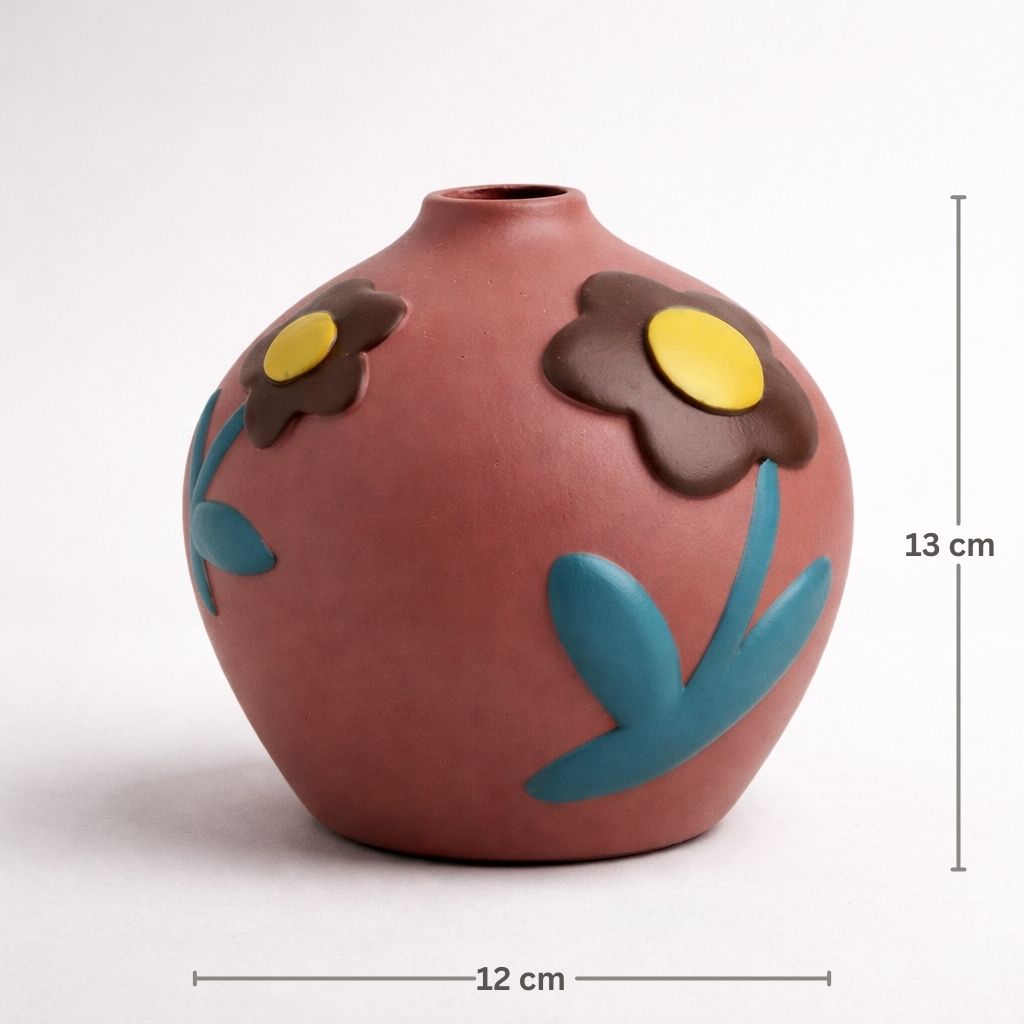 Ceramic vase with floral designs and measurements on a white background