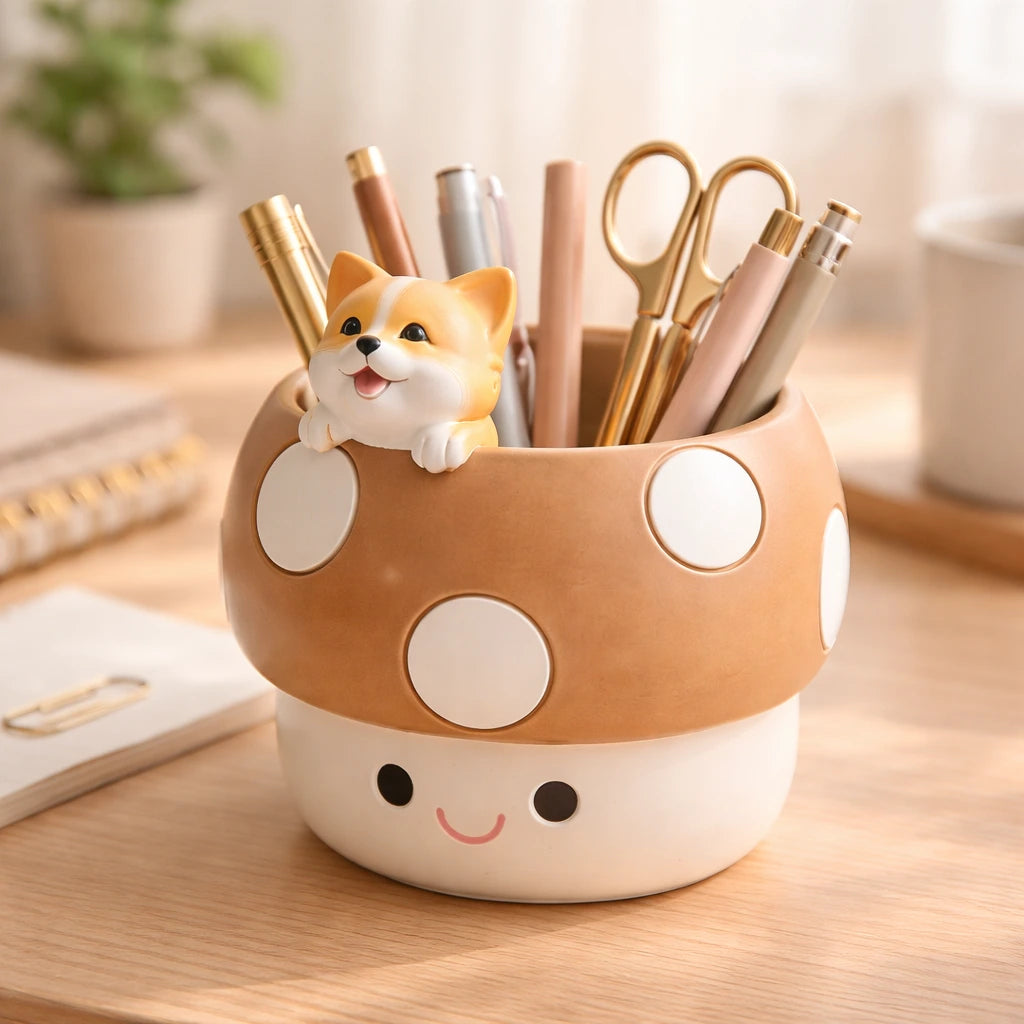 Cute mushroom-shaped pen holder with a dog figurine on top, filled with stationery items, on a wooden surface.