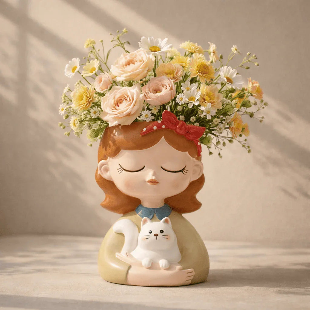 Decorative figurine of a girl with flowers and a cat on a neutral background