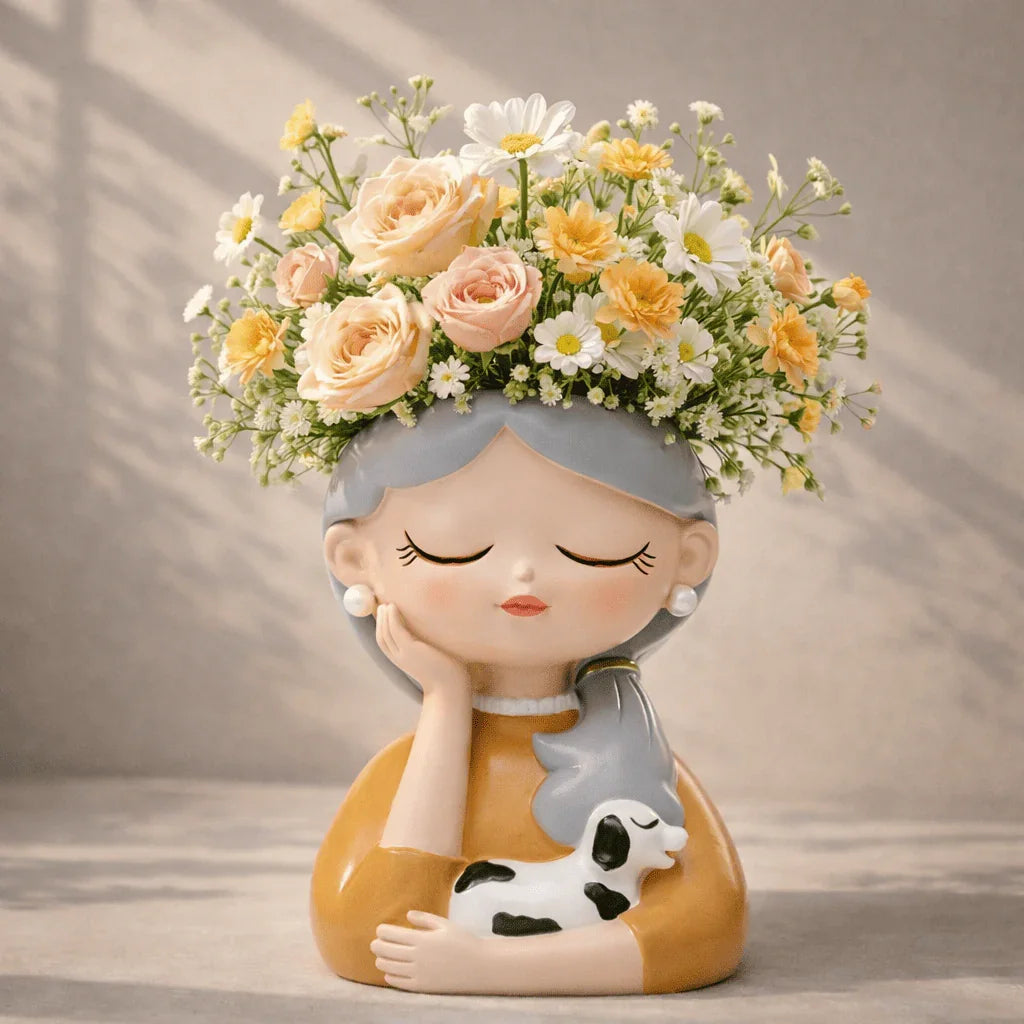 Decorative figurine of a girl with flowers on her head and a dog by her side, set against a neutral background.