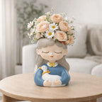 Decorative figurine of a girl with flowers on her head and a duck, placed on a wooden table.
