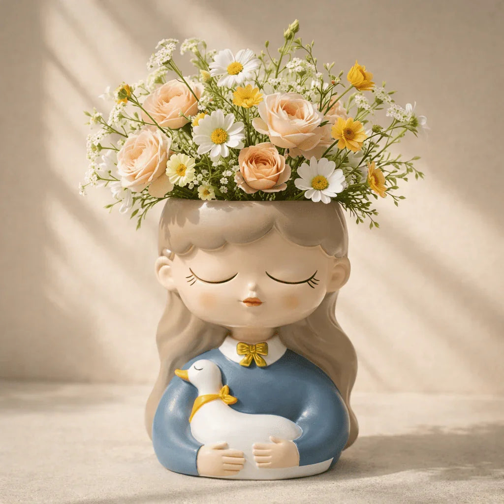 Decorative vase shaped like a girl with flowers and a duck on a neutral background