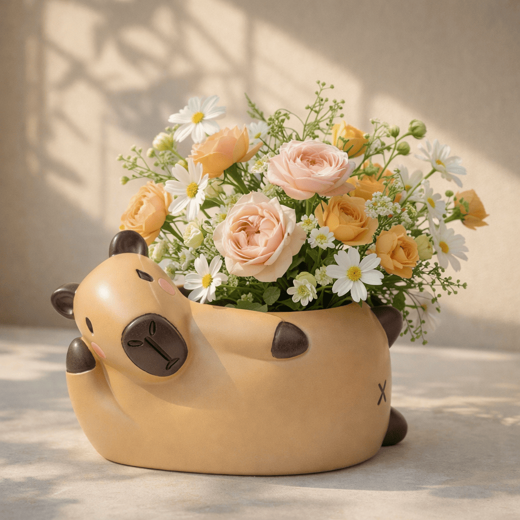 Floral arrangement in a capybara shaped pot on a neutral background