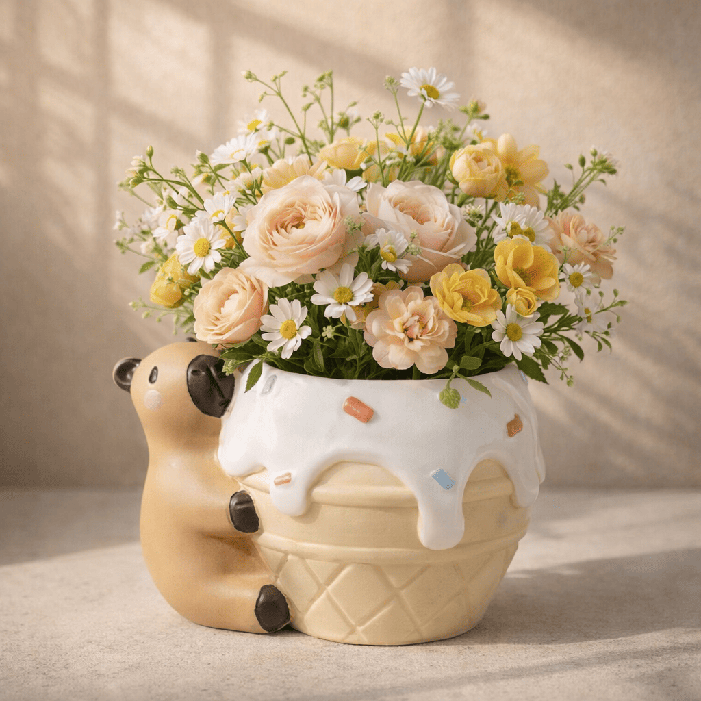 Floral arrangement in a pot shaped like a capybara with ice cream cone on a neutral background