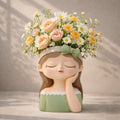 Cute girl-shaped ceramic vase with pastel flowers, decorative home decor, Germiant collection