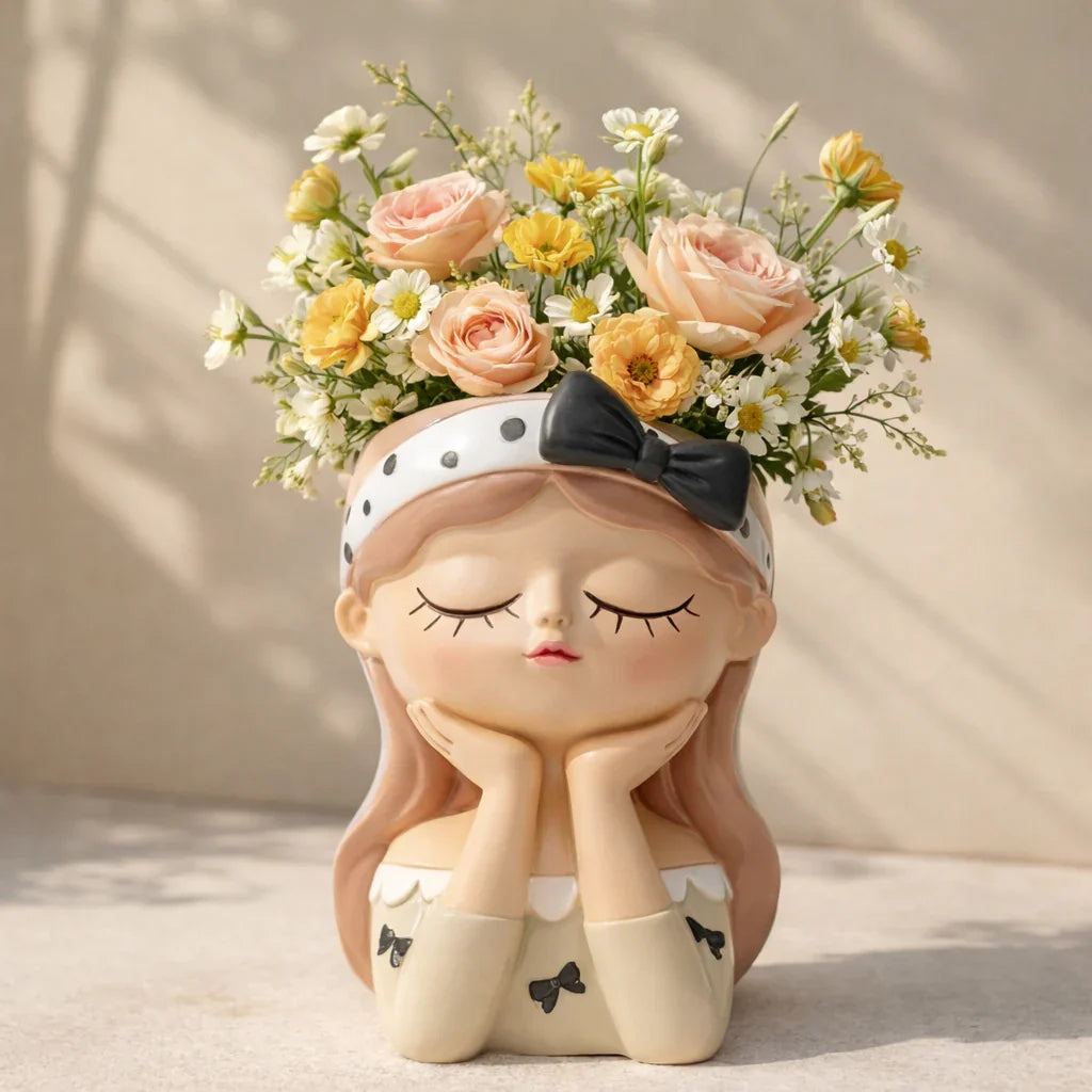 Cute girl-shaped vase with pastel roses, daisies, and yellow flowers, Germiant decor