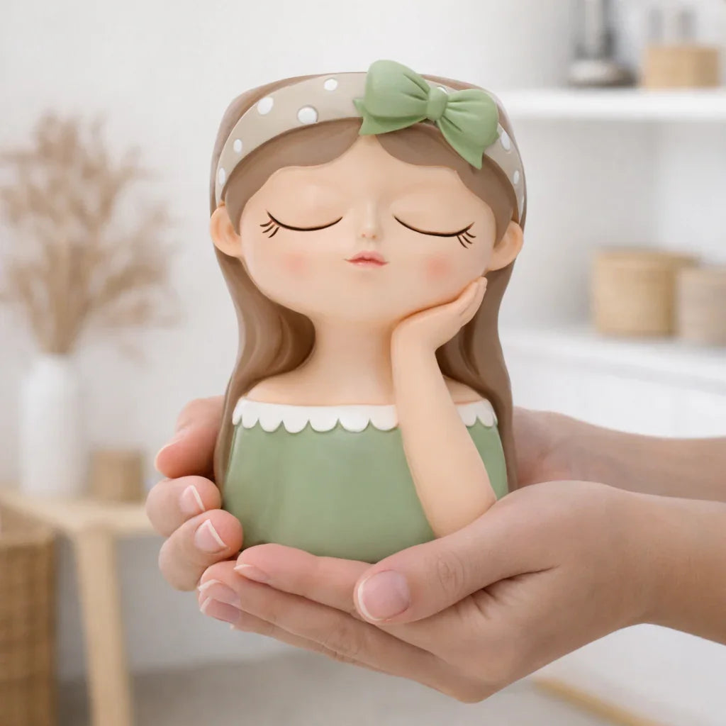Hand holding a cute girl figurine with green dress and polka dot bow, Germiant decor