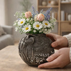 Ornate ceramic vase with daisies and tulips on wooden table, Germiant home decor.