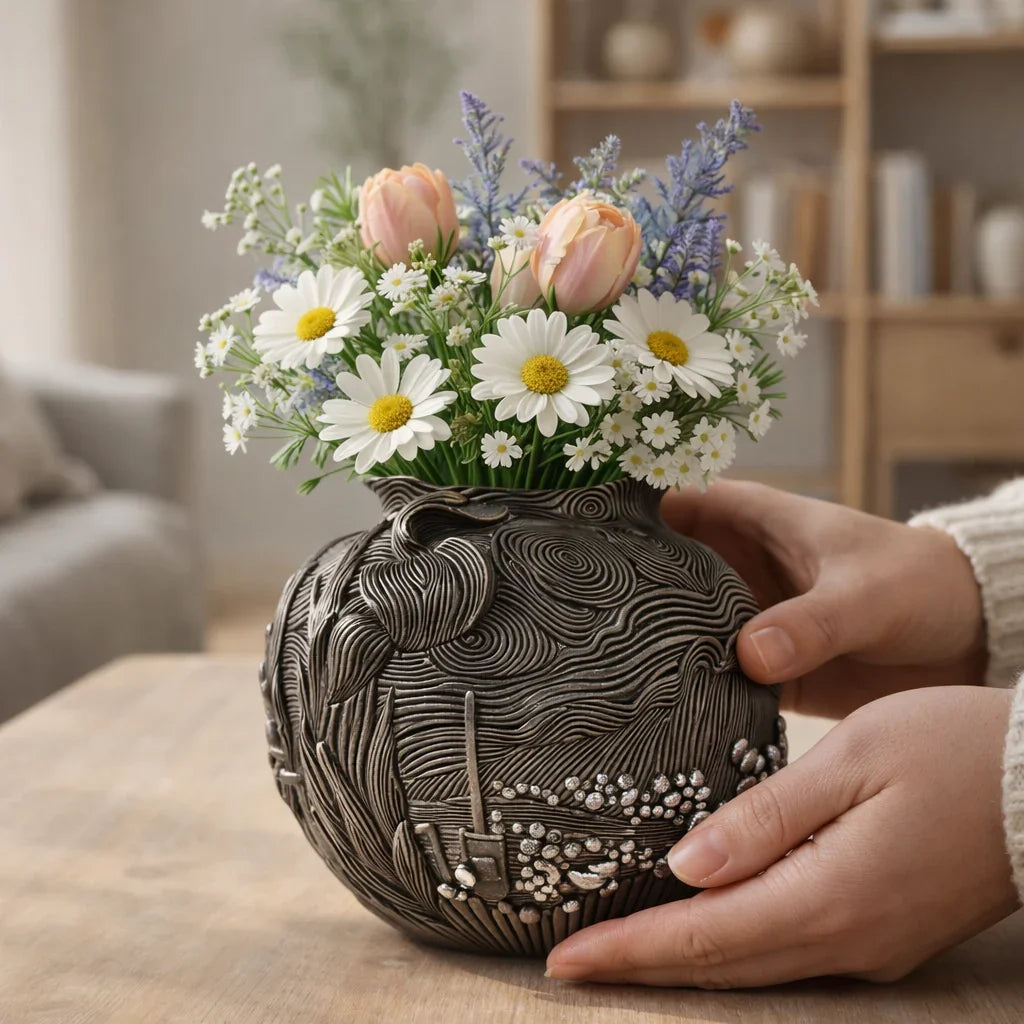 Ornate ceramic vase with daisies and tulips on wooden table, Germiant home decor.