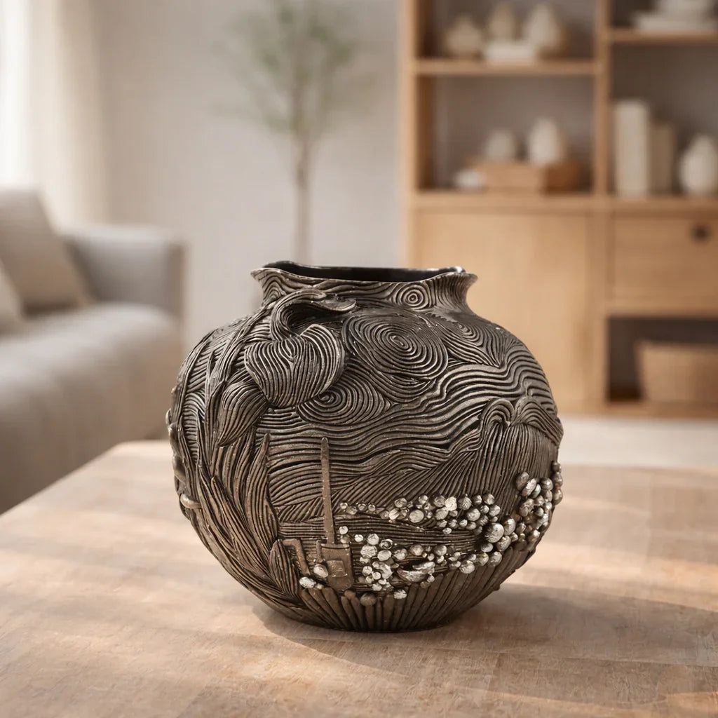Handcrafted textured ceramic vase with nature-inspired patterns on a wooden table, Germiant decor