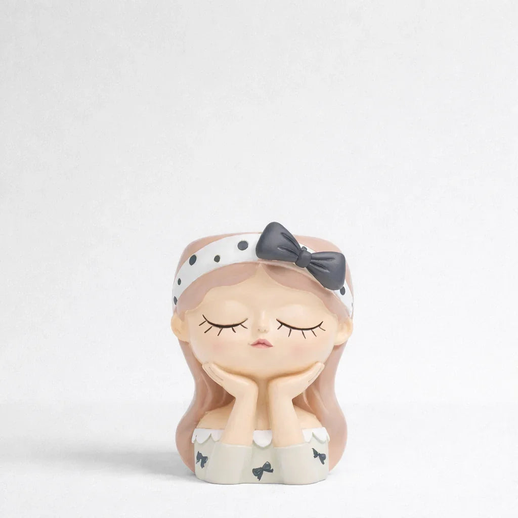 Cute girl ceramic planter with polka dot headband and bow, Germiant home decor