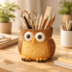 Owl-shaped pen holder with stationery items on a desk