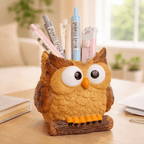 Owl-shaped pen holder with stationery items on a desk