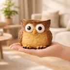 Owl-shaped planter held in a hand with a blurred indoor setting