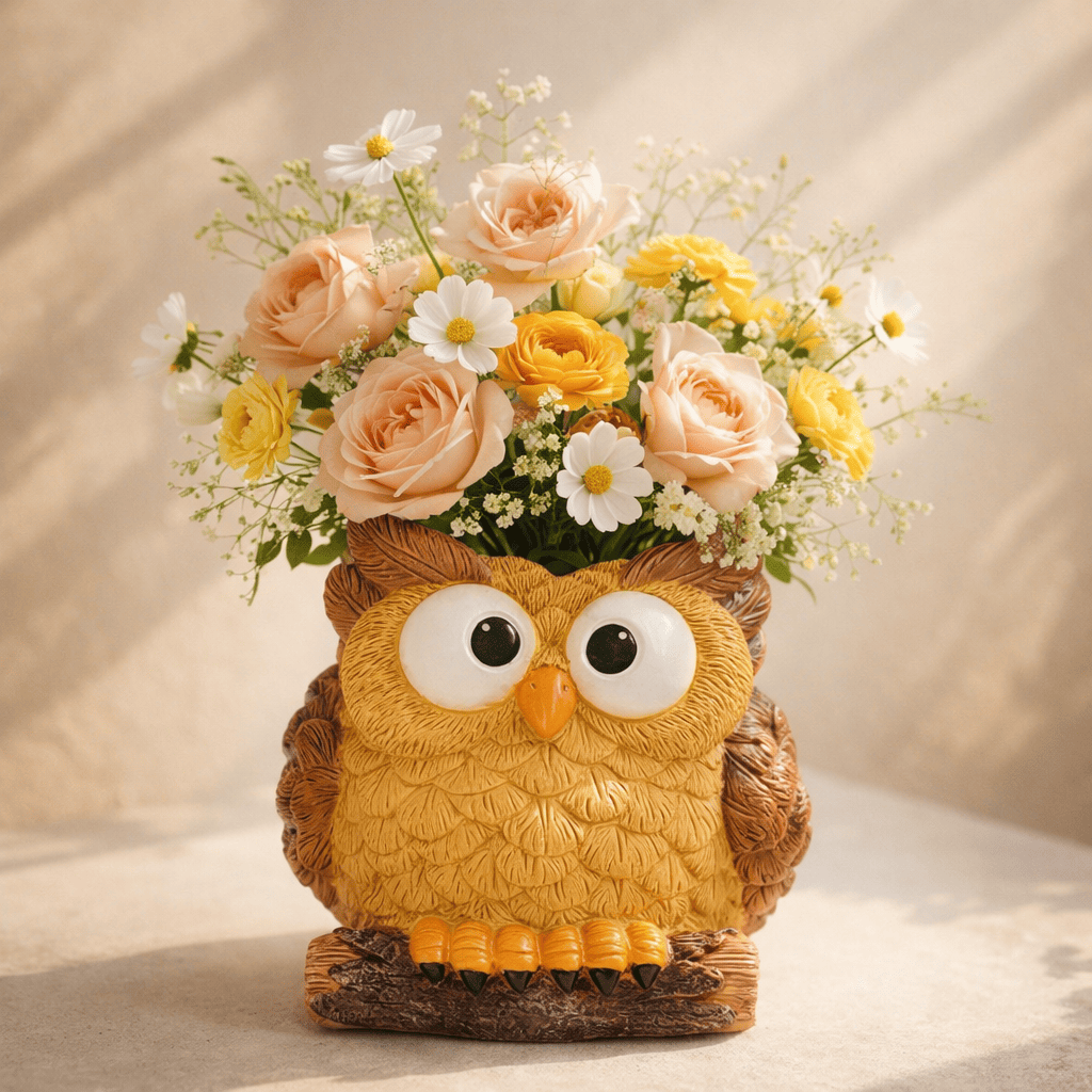 Owl-shaped vase with flowers on a neutral background