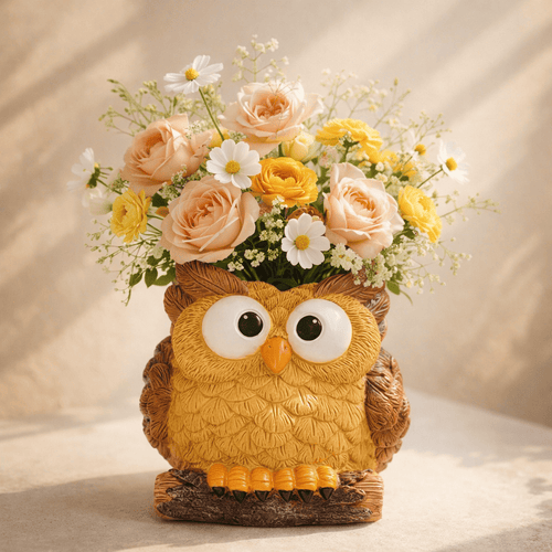 Owl-shaped vase with flowers on a neutral background