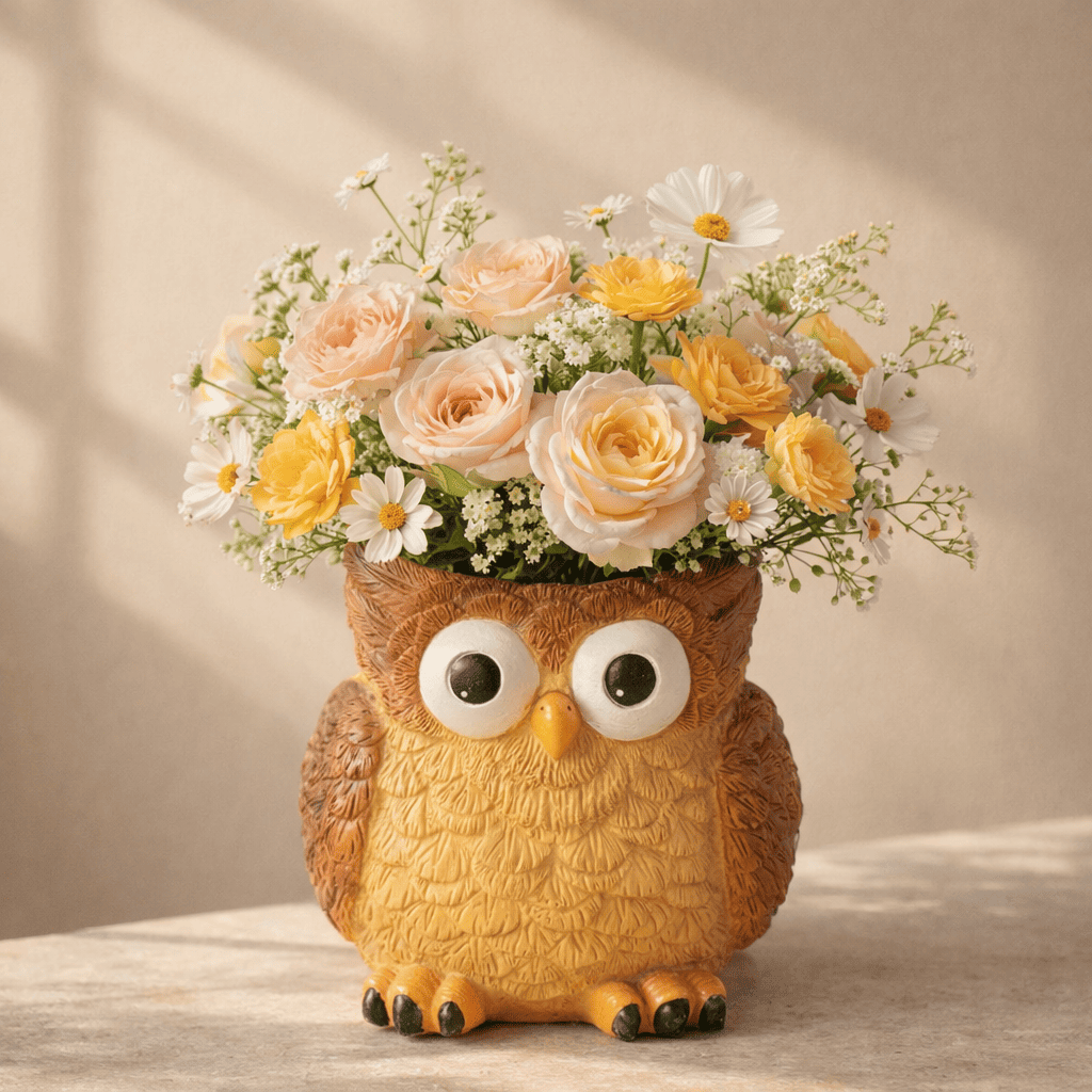 Owl-shaped vase with flowers on a wooden surface