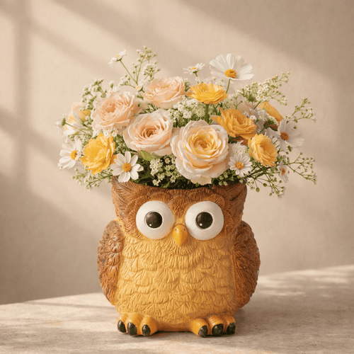 Owl-shaped vase with flowers on a wooden surface