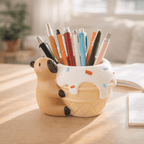 Pencil holder shaped like a capybara with pens on a wooden surface