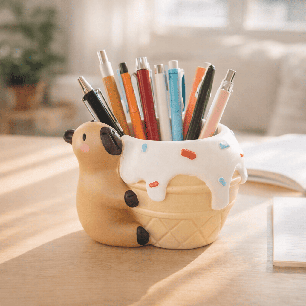Pencil holder shaped like a capybara with pens on a wooden surface