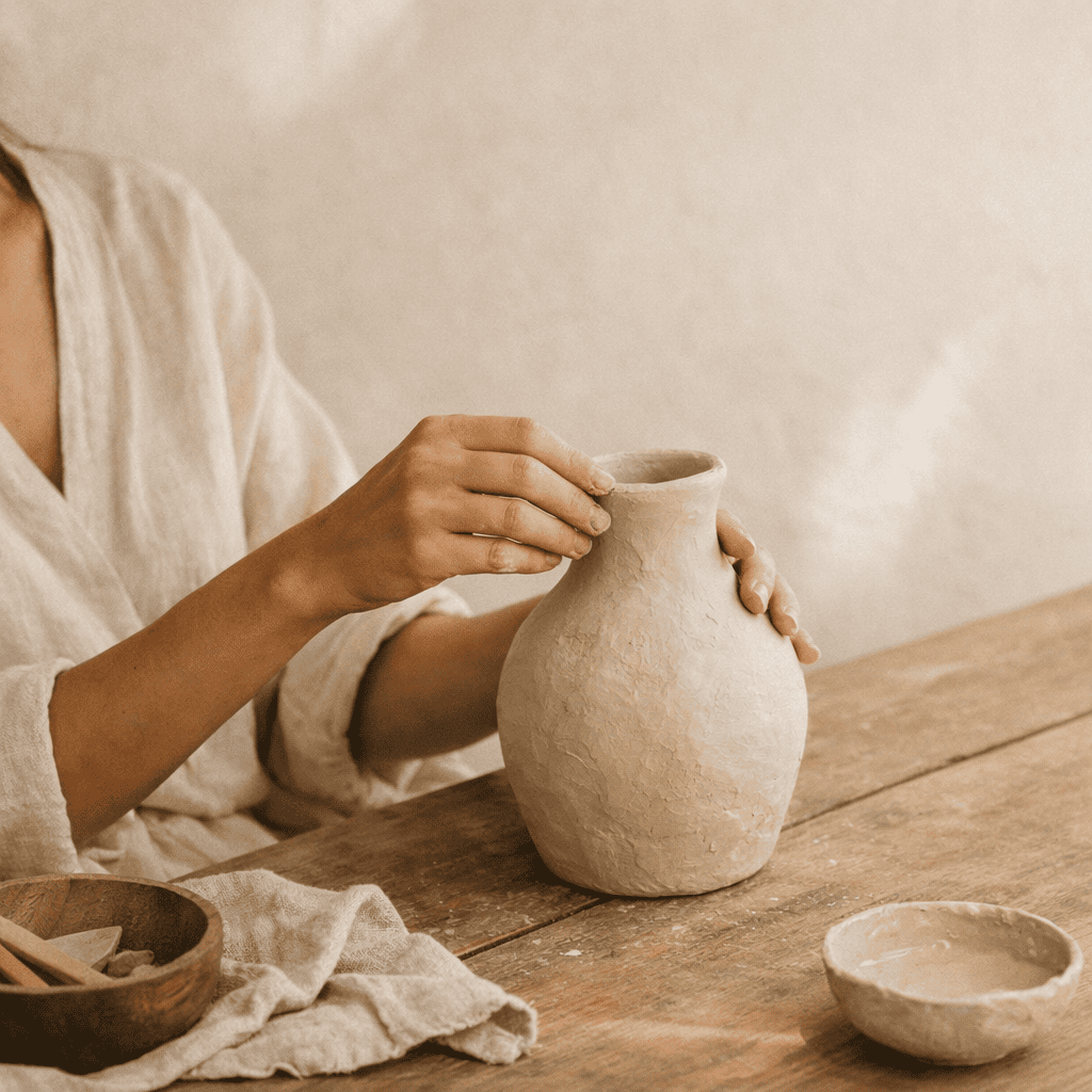 Person holding a clay vase on a wooden table with a neutral background