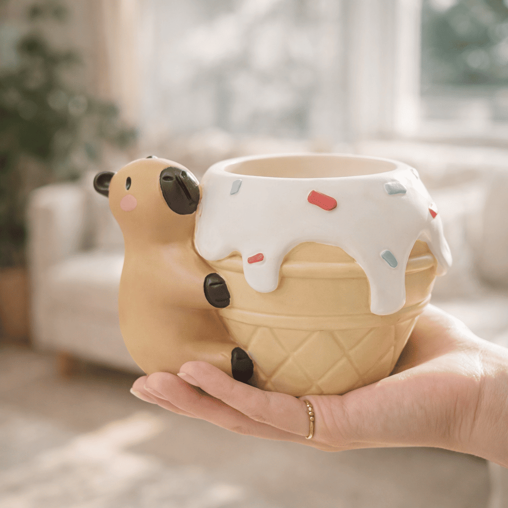 Person holding a cute animal-shaped planter with a cream-colored design.