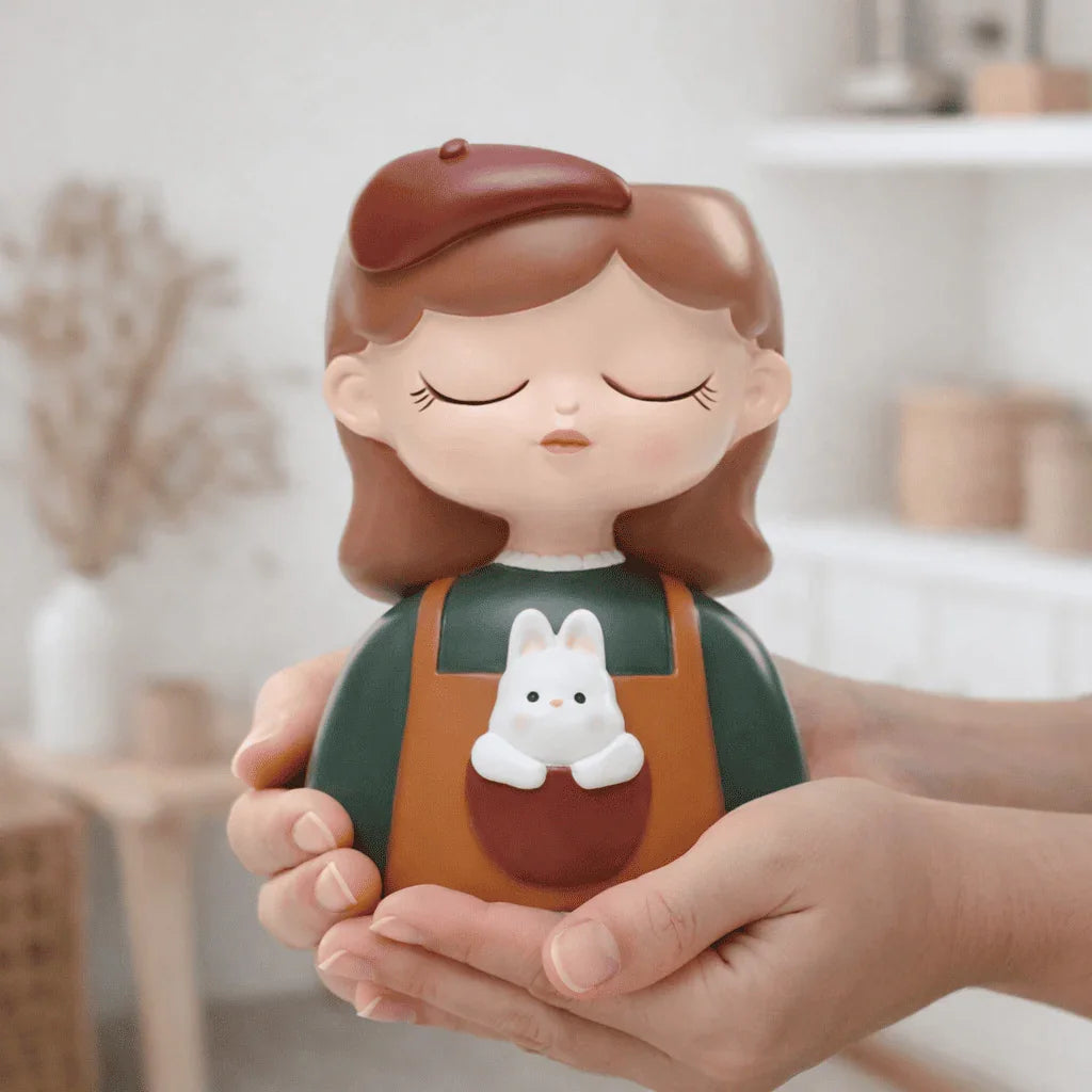 Person holding a cute figurine of a girl with a beret and bunny design on overalls.