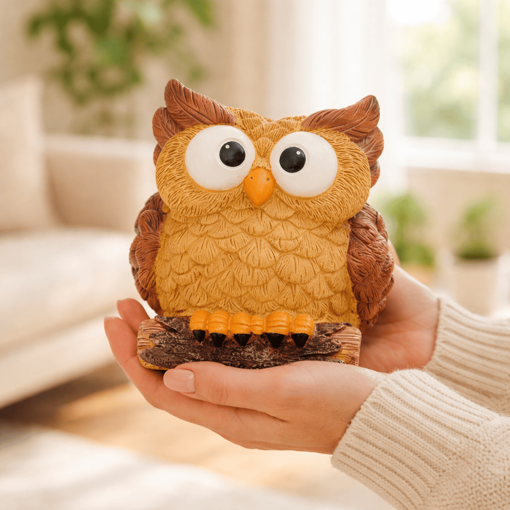 Person holding a decorative owl figurine in a blurred indoor setting