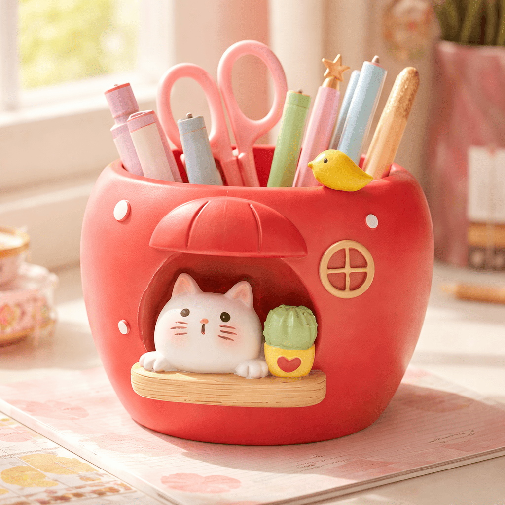Red cat-shaped pencil holder with stationery items on a desk