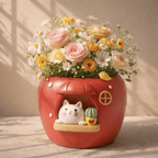 Red cat-shaped planter with flowers and a small bird on a neutral background
