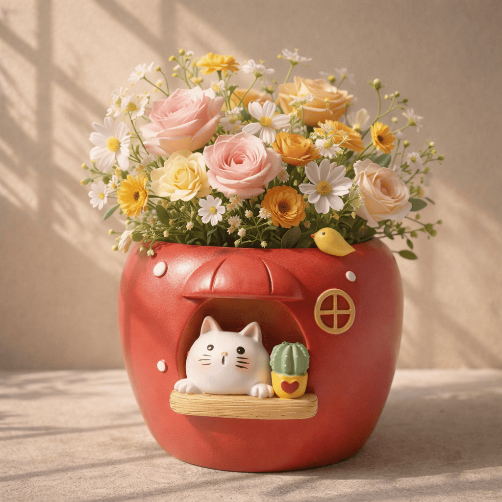 Red cat-shaped planter with flowers and a small bird on a neutral background