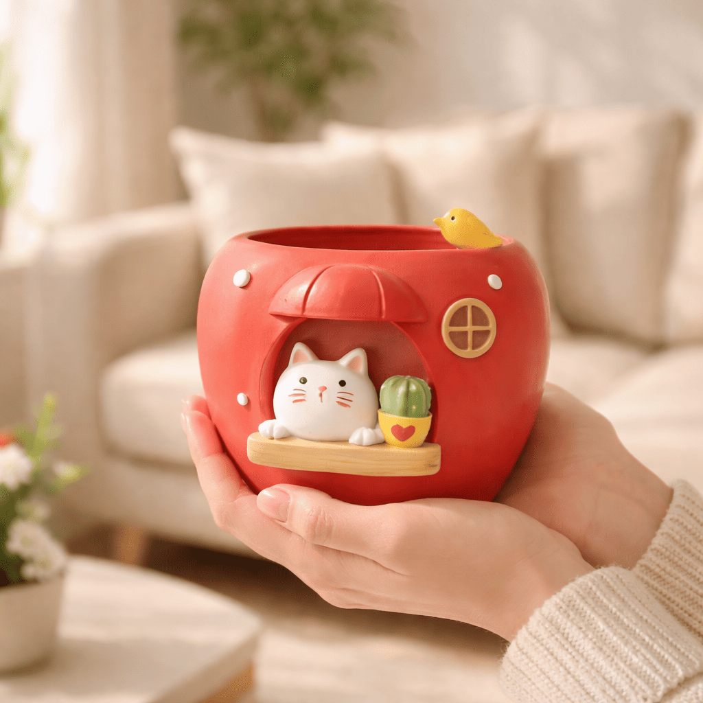Red decorative pot with cat and duck design held by a person in a cozy living room.