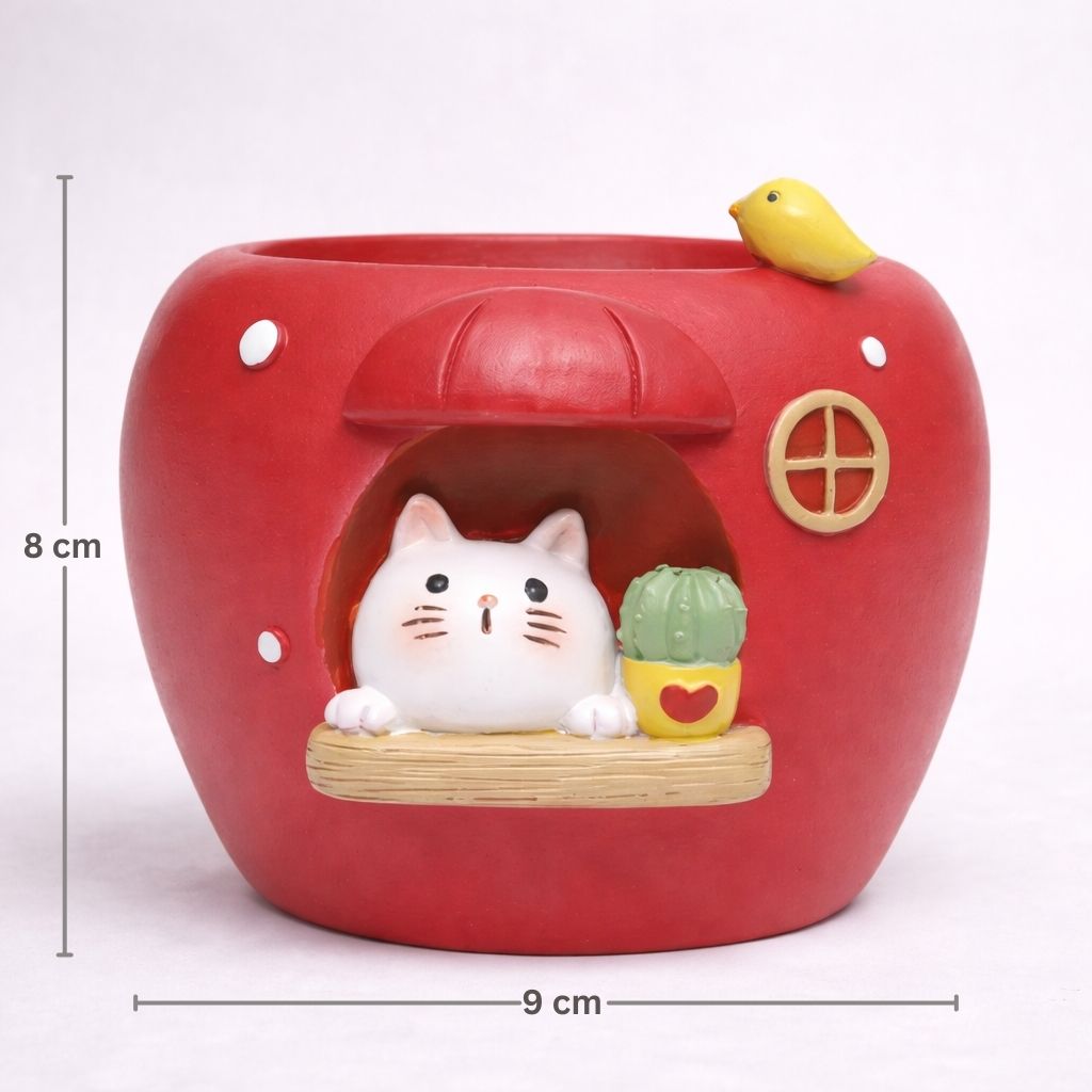 Red planter with a cat design and measurements on a white background