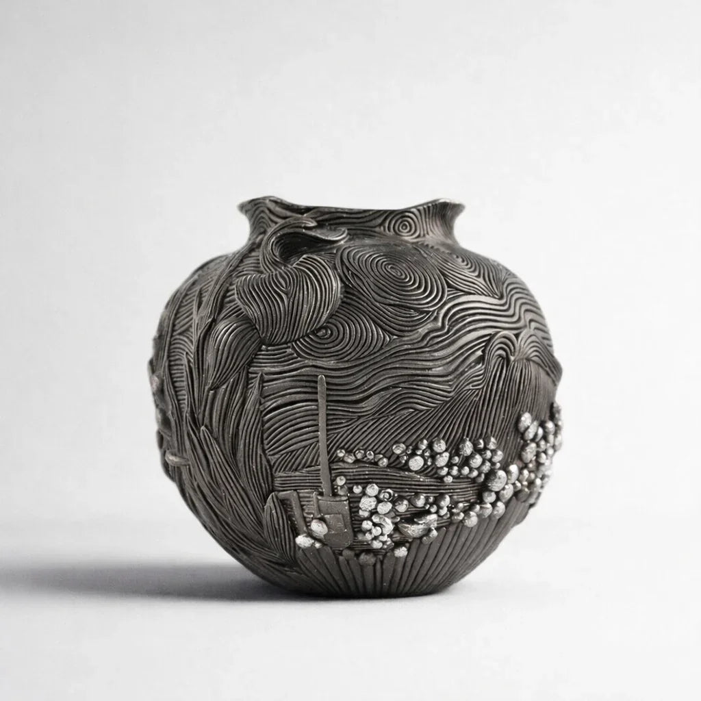 Textured black ceramic vase with abstract wave and floral patterns, Germiant home decor