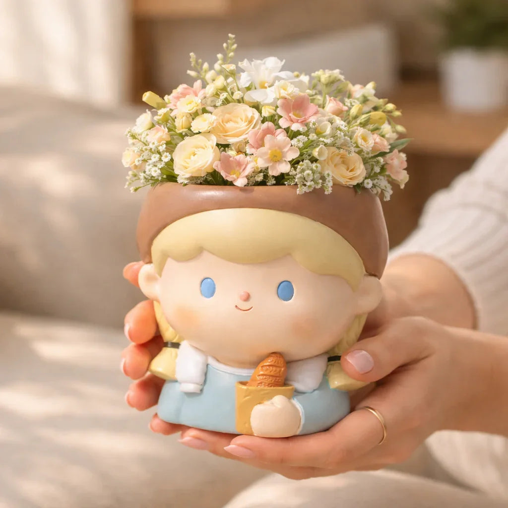 Cute cartoon girl flower pot with fresh pastel flowers, held in hands, Germiant decor