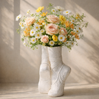 Bouquet of flowers in a vase shaped like a pair of ballet feet on a neutral background