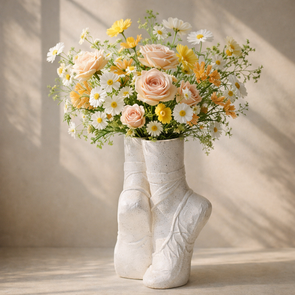 Bouquet of flowers in a vase shaped like a pair of ballet feet on a neutral background