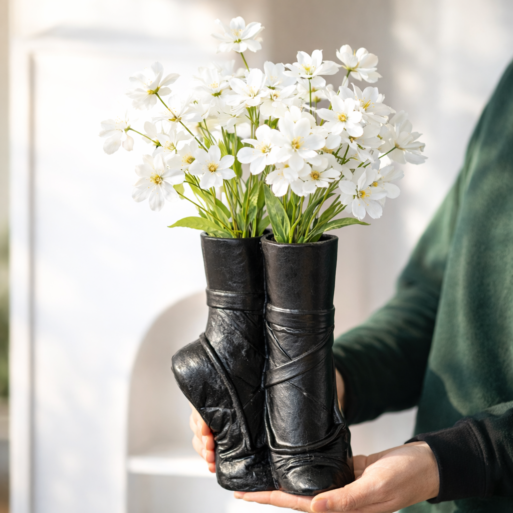 Black boot-shaped vases holding white flowers against a neutral background