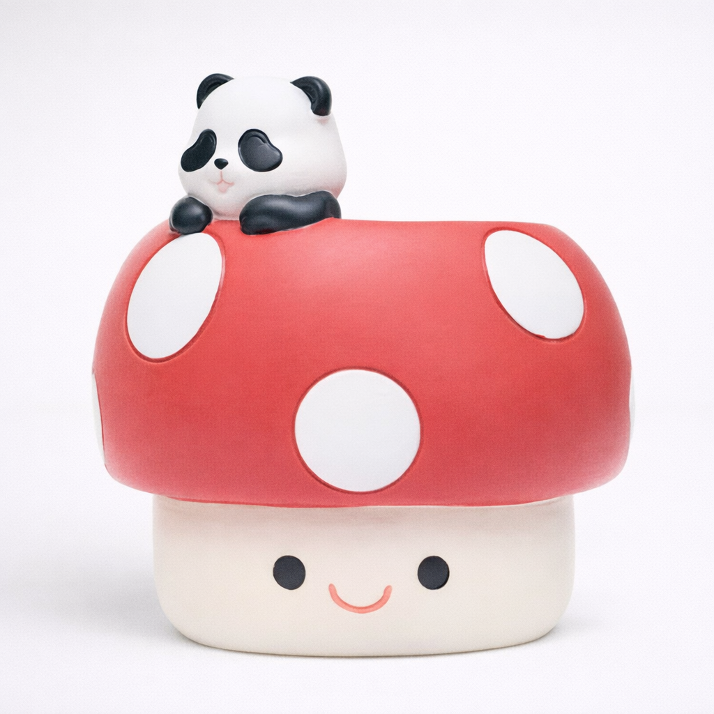 Cute panda figurine on a red mushroom with a white background
