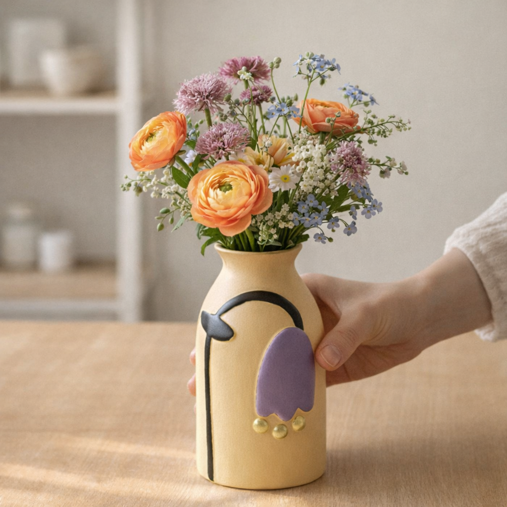 Hand holding a decorative vase with flowers against a neutral background